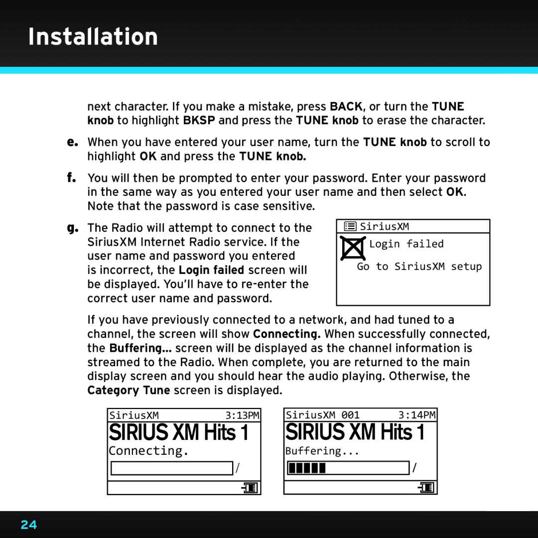 Sirius Satellite Radio TTR1 manual SiriusXM Login failed Go to SiriusXM setup 