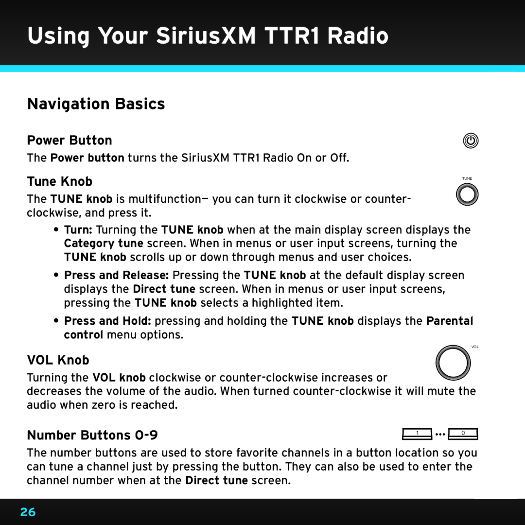 Sirius Satellite Radio manual Using Your SiriusXM TTR1 Radio, Navigation Basics 