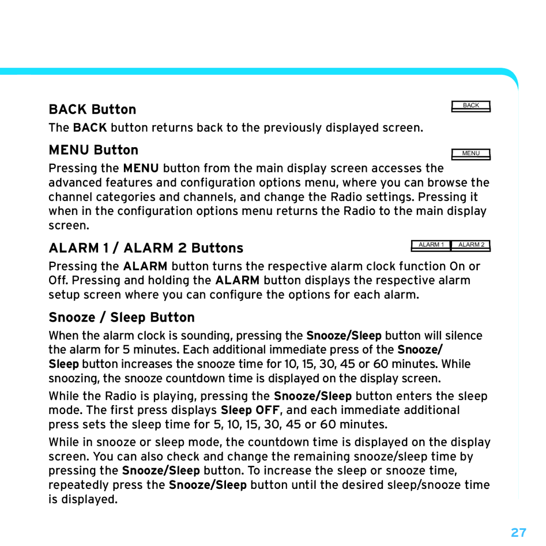 Sirius Satellite Radio TTR1 manual Back Button, Menu Button, Alarm 1 / Alarm 2 Buttons, Snooze / Sleep Button 