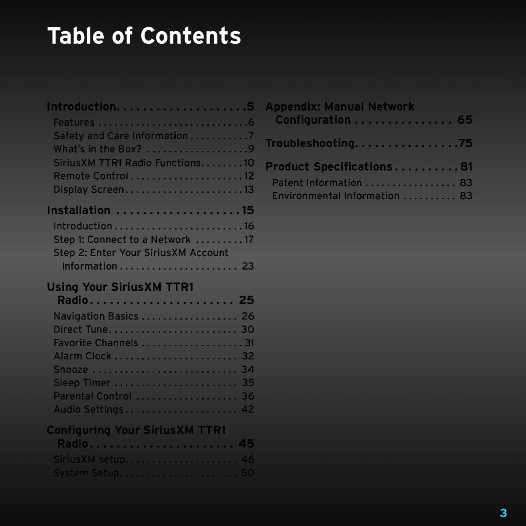 Sirius Satellite Radio TTR1 manual Table of Contents 