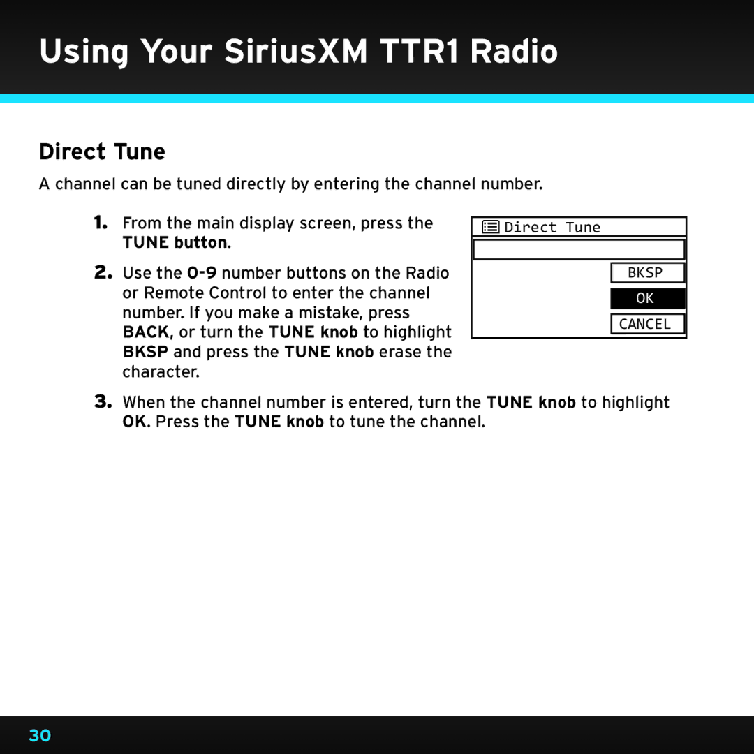 Sirius Satellite Radio TTR1 manual Direct Tune 