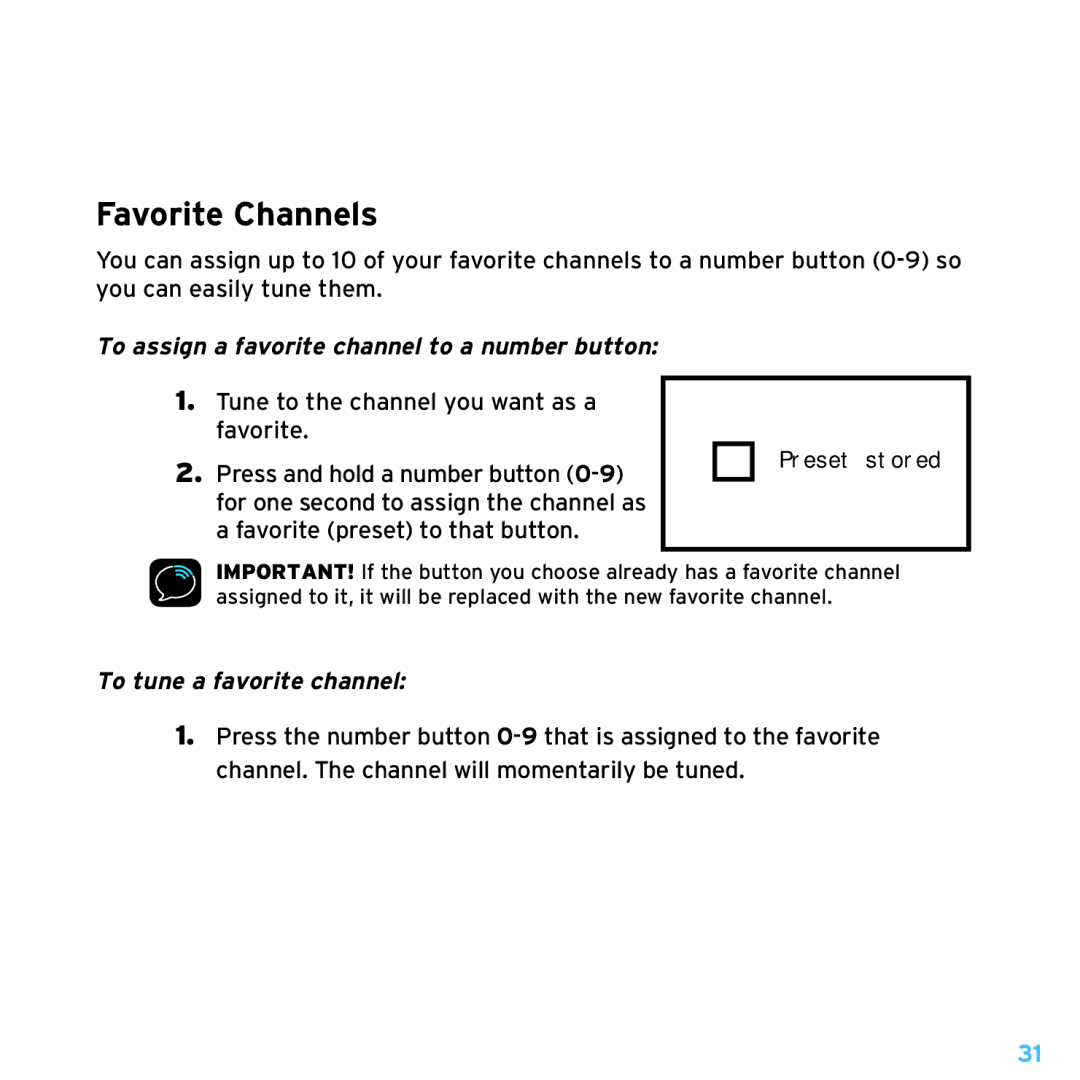 Sirius Satellite Radio TTR1 Favorite Channels, To assign a favorite channel to a number button, To tune a favorite channel 