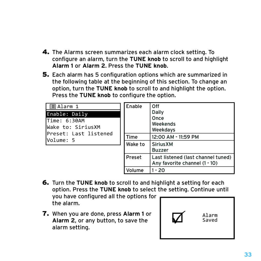 Sirius Satellite Radio TTR1 manual Alarm 2, or any button, to save 