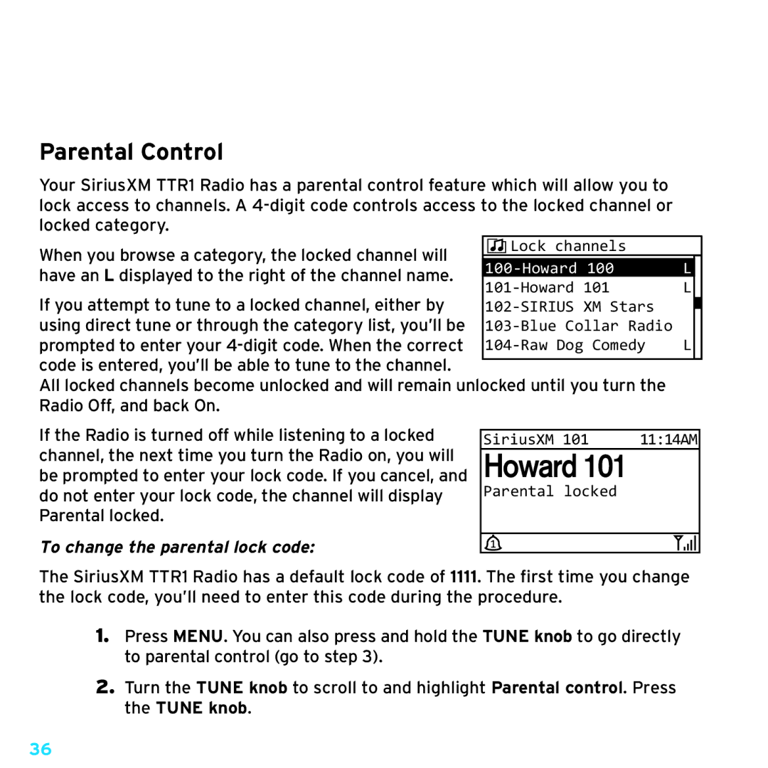 Sirius Satellite Radio TTR1 manual Parental Control, To change the parental lock code 