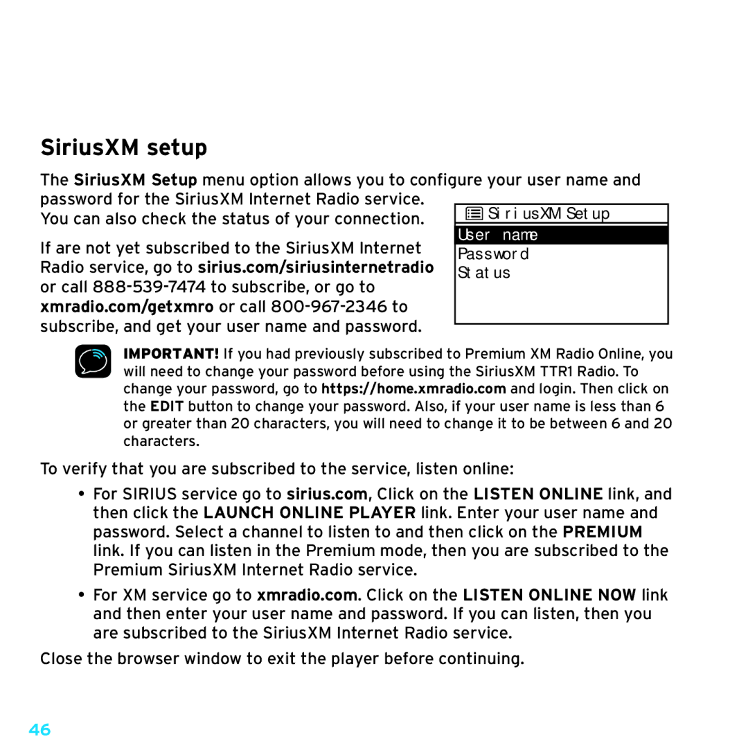 Sirius Satellite Radio manual Configuring Your SiriusXM TTR1 Radio, SiriusXM setup 