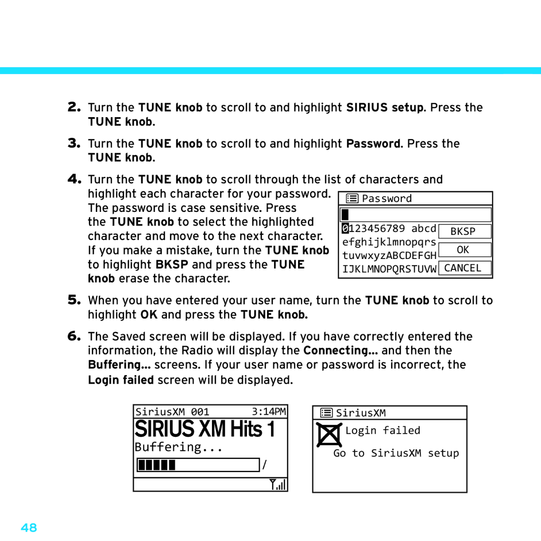 Sirius Satellite Radio TTR1 manual Knob erase the character 