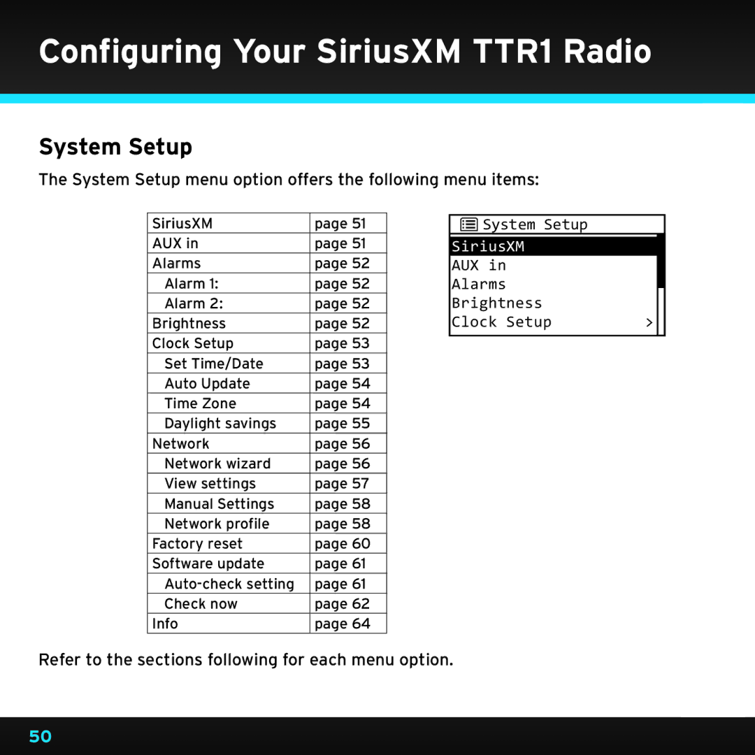 Sirius Satellite Radio TTR1 manual System Setup menu option offers the following menu items 