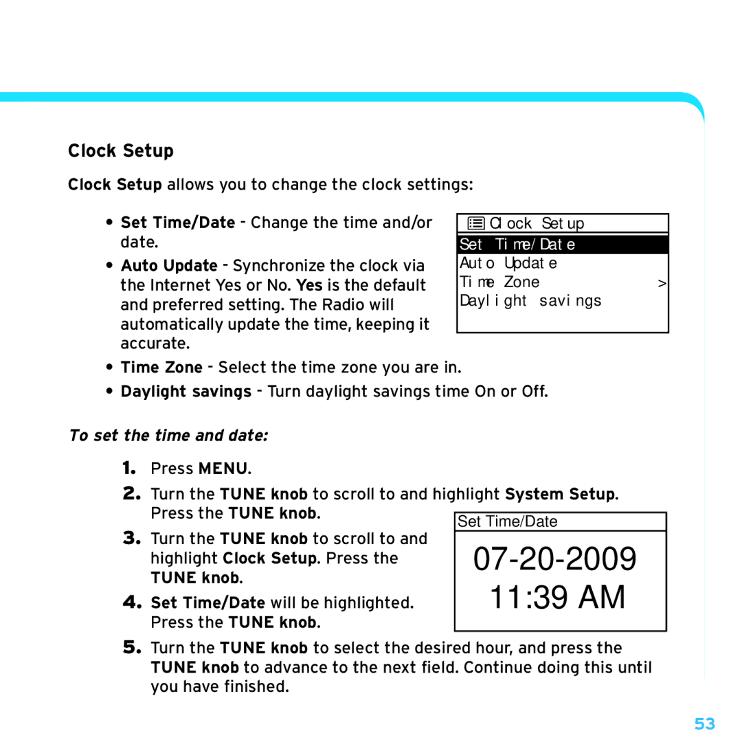 Sirius Satellite Radio TTR1 manual Clock Setup, To set the time and date 