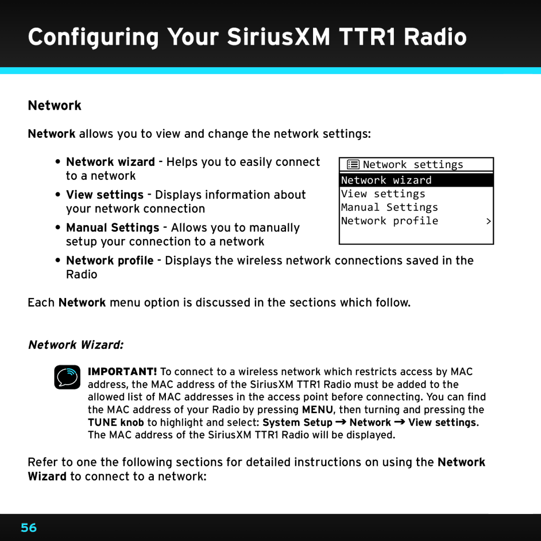 Sirius Satellite Radio TTR1 manual Network Wizard 