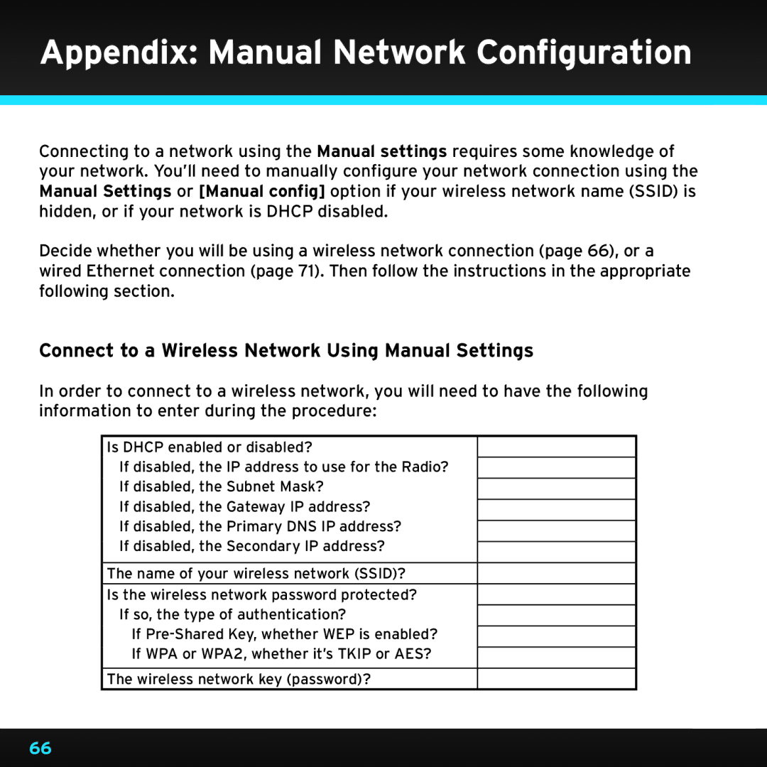 Sirius Satellite Radio TTR1 Appendix Manual Network Configuration, Connect to a Wireless Network Using Manual Settings 