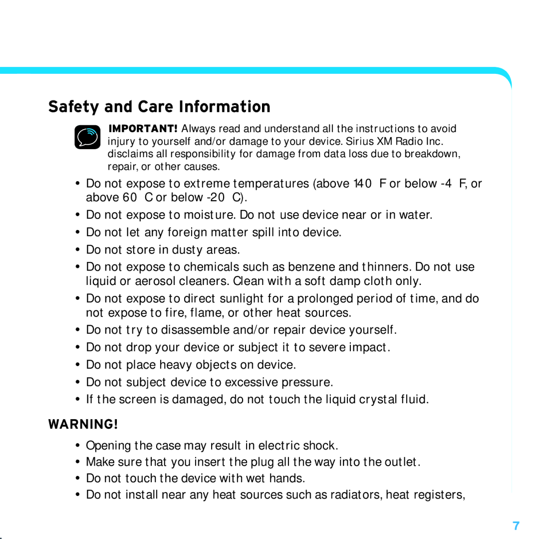 Sirius Satellite Radio TTR1 manual Safety and Care Information 