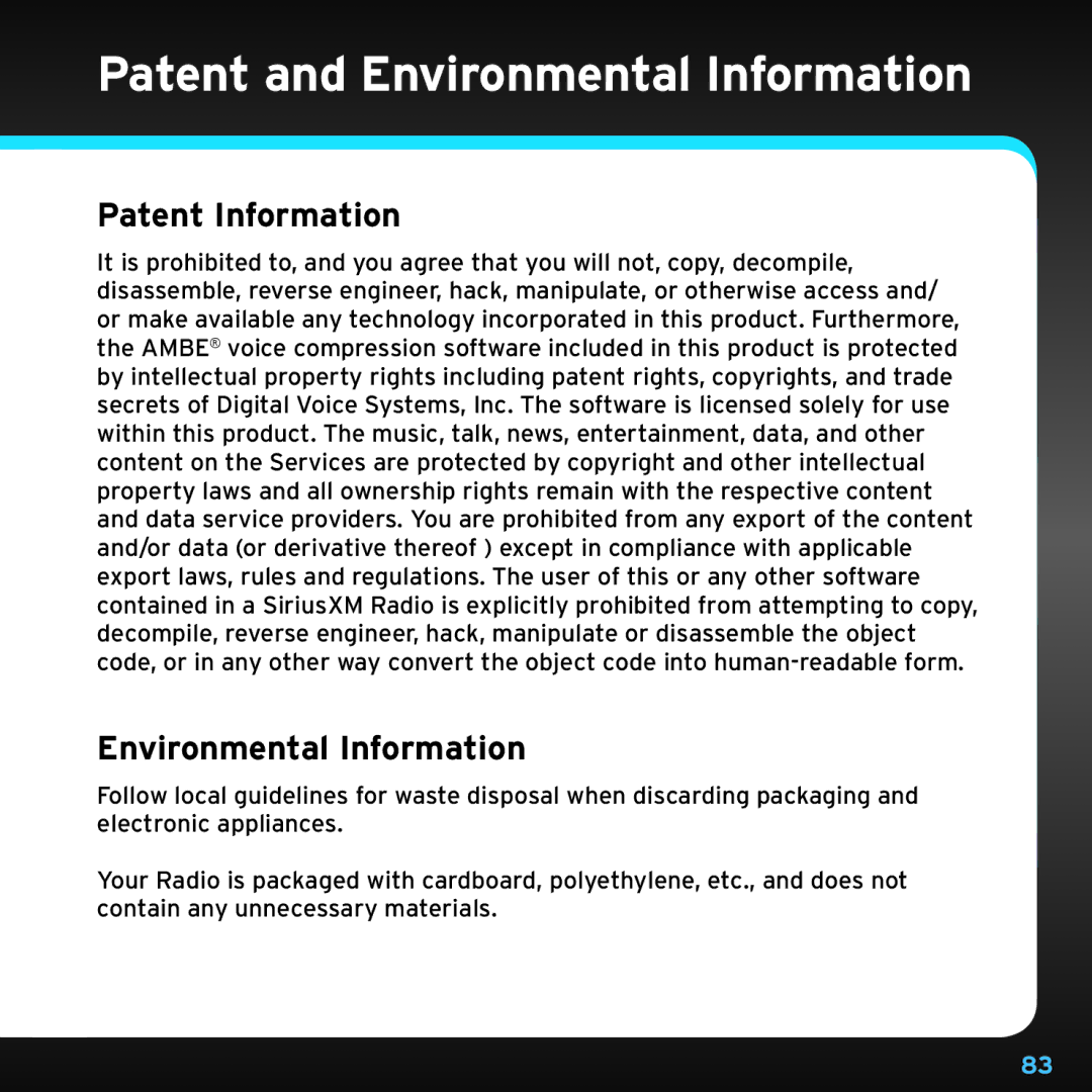 Sirius Satellite Radio TTR1 manual Patent and Environmental Information, Patent Information 