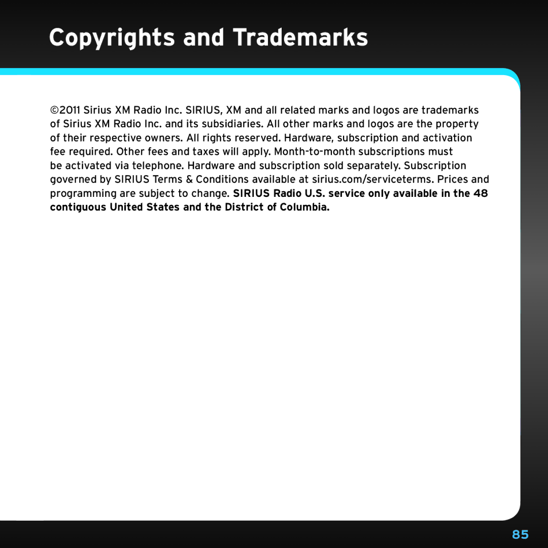 Sirius Satellite Radio TTR1 manual Copyrights and Trademarks 