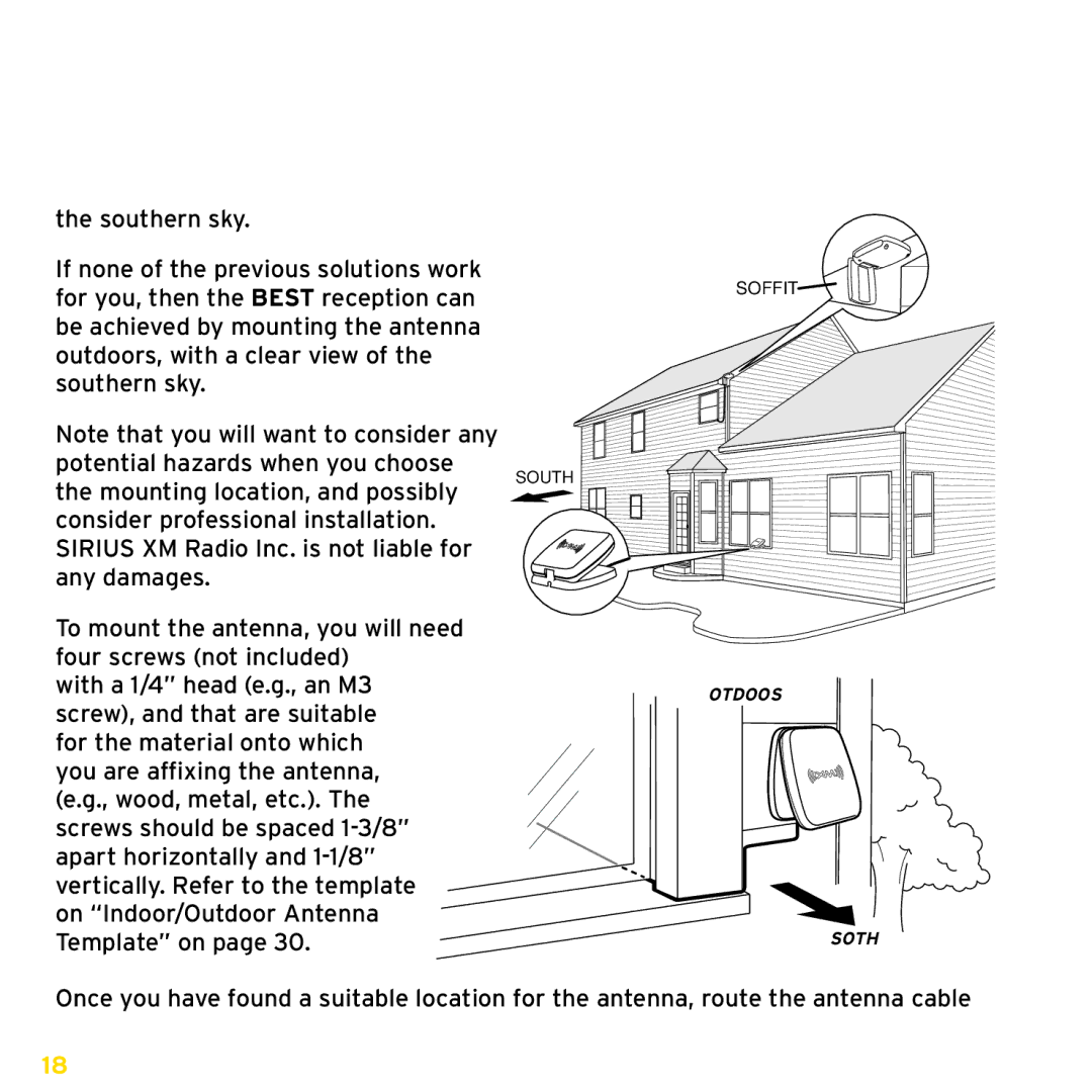 Sirius Satellite Radio XDPHKUG0809, XADH1 manual Soffit Outdoors South 