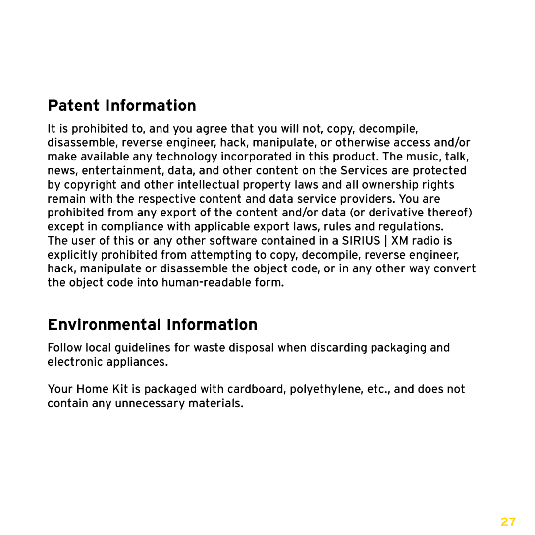 Sirius Satellite Radio XADH1, XDPHKUG0809 manual Patent and Environmental Information, Patent Information 