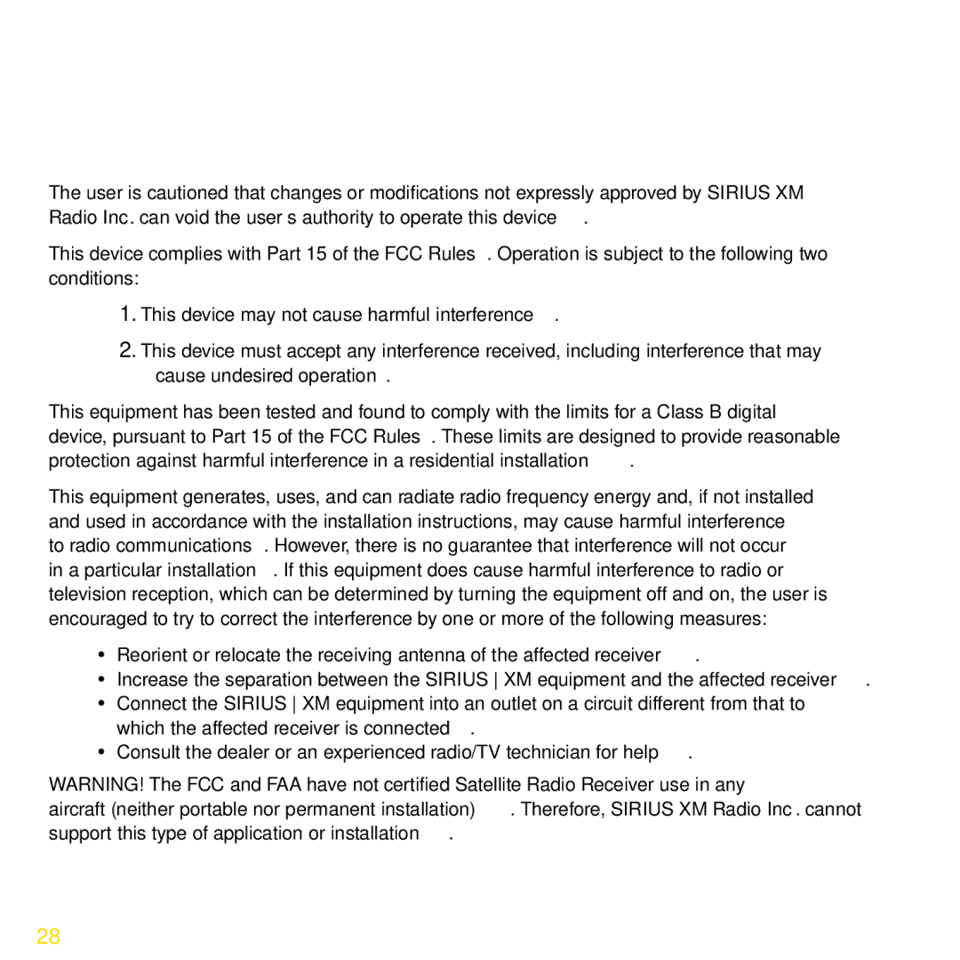 Sirius Satellite Radio XDPHKUG0809, XADH1 manual FCC Statement 