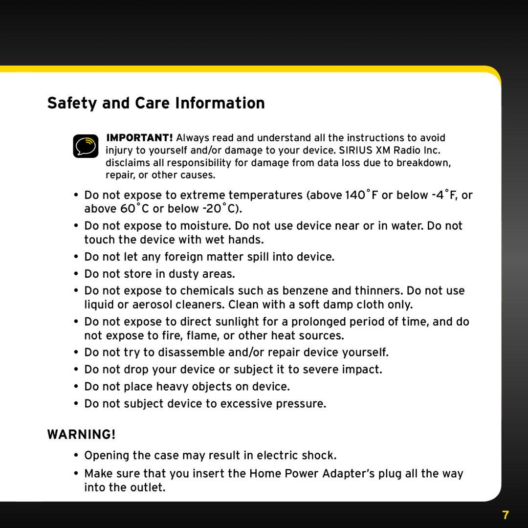 Sirius Satellite Radio XADH1, XDPHKUG0809 manual Safety and Care Information 