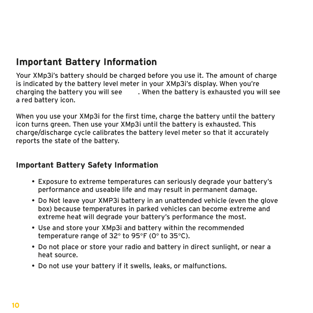 Sirius Satellite Radio XMp3i manual Important Battery Information, Important Battery Safety Information 