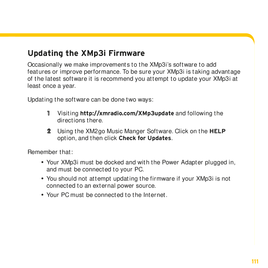 Sirius Satellite Radio manual Updating the XMp3i Firmware 