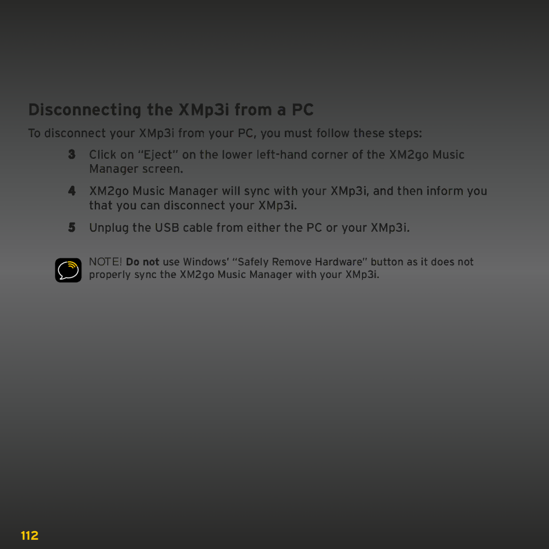 Sirius Satellite Radio manual Disconnecting the XMp3i from a PC 