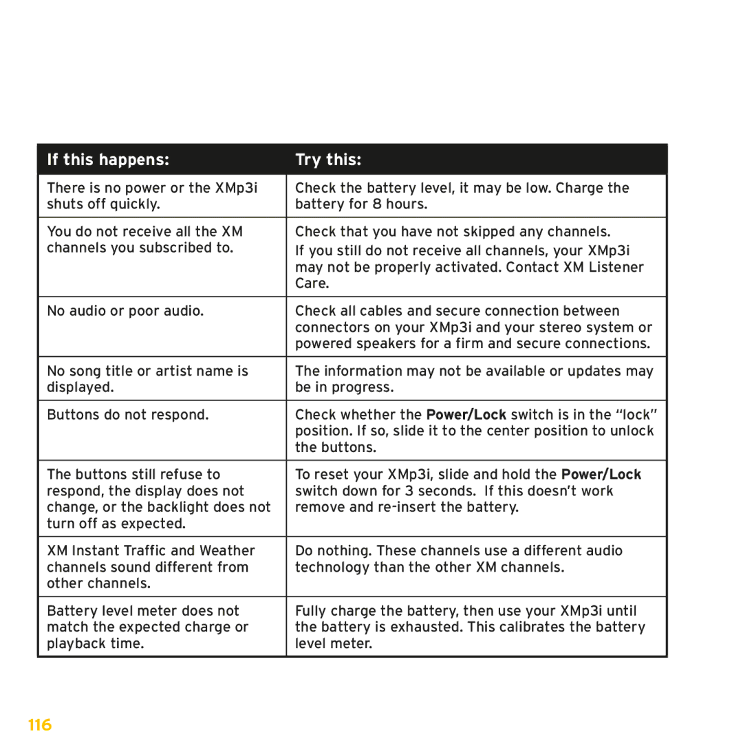 Sirius Satellite Radio XMp3i manual 116 