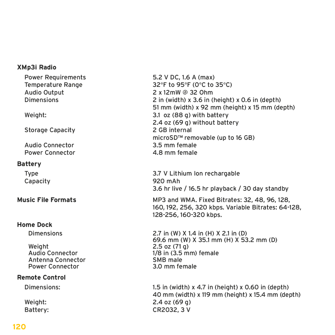 Sirius Satellite Radio manual Product Specifications, XMp3i Radio 