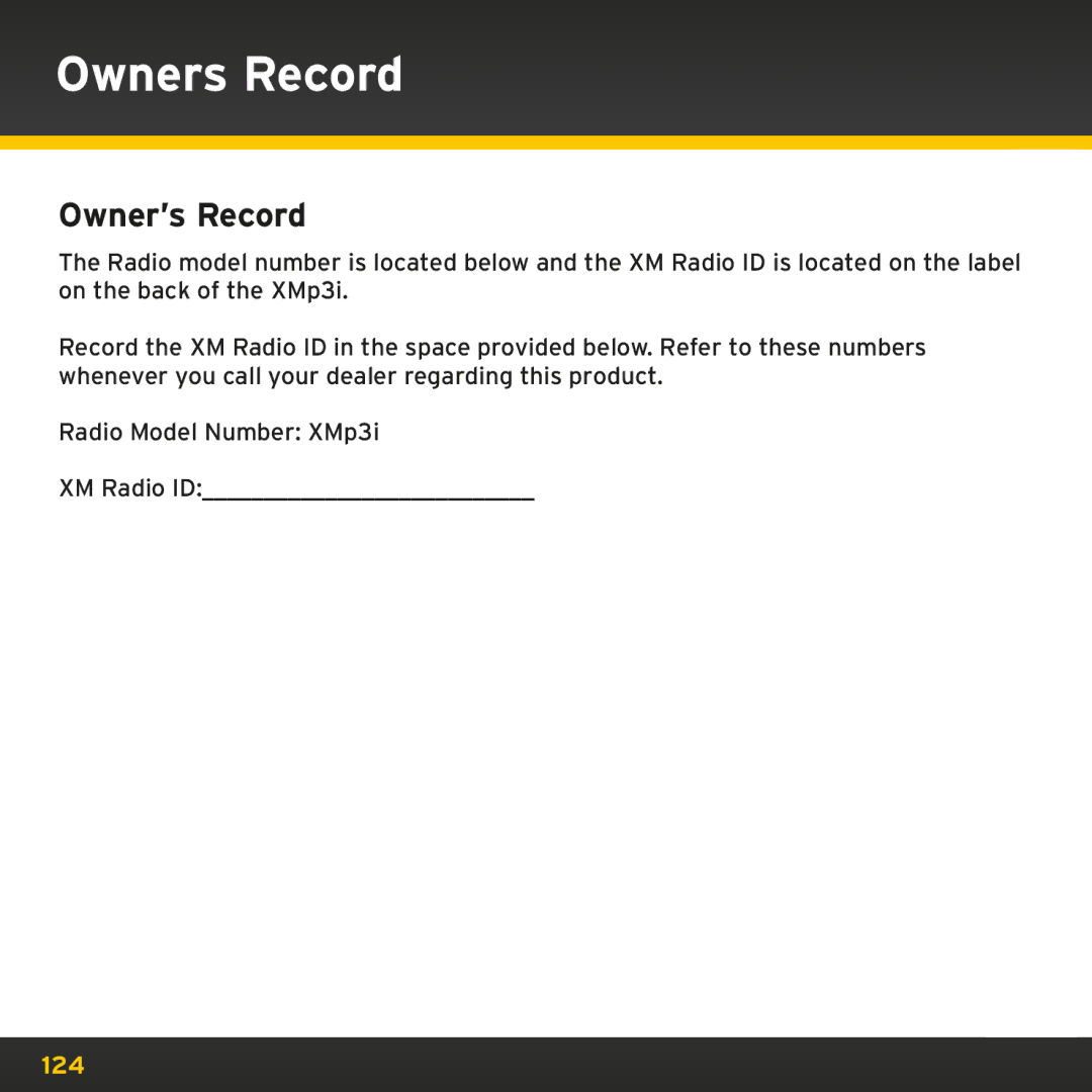 Sirius Satellite Radio XMp3i manual Owners Record, Owner’s Record 