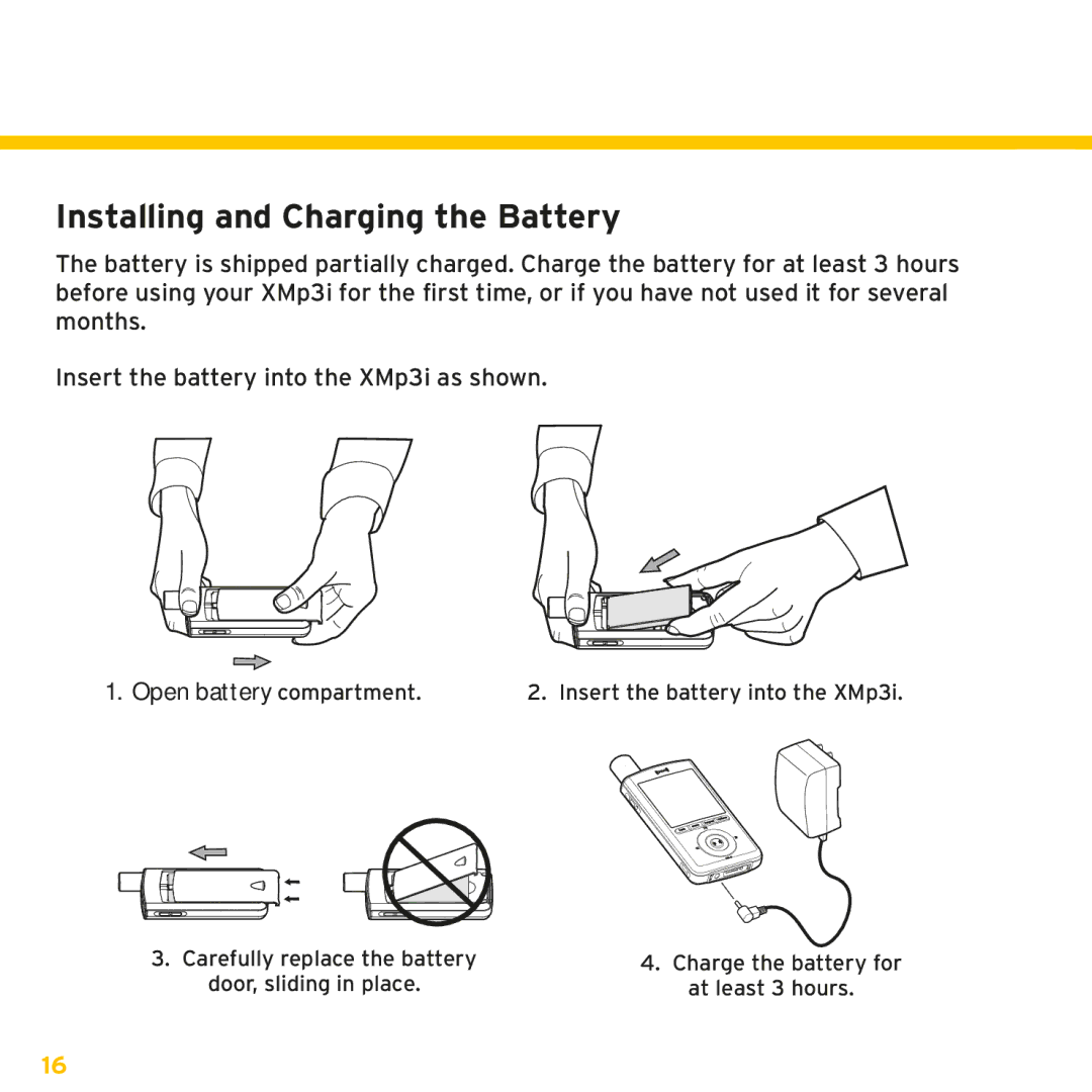 Sirius Satellite Radio XMp3i manual Installing and Charging the Battery 