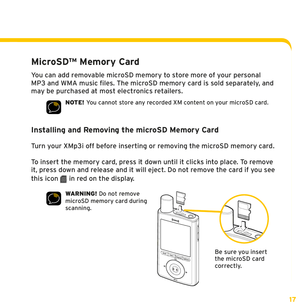 Sirius Satellite Radio XMp3i manual MicroSD Memory Card, Installing and Removing the microSD Memory Card 