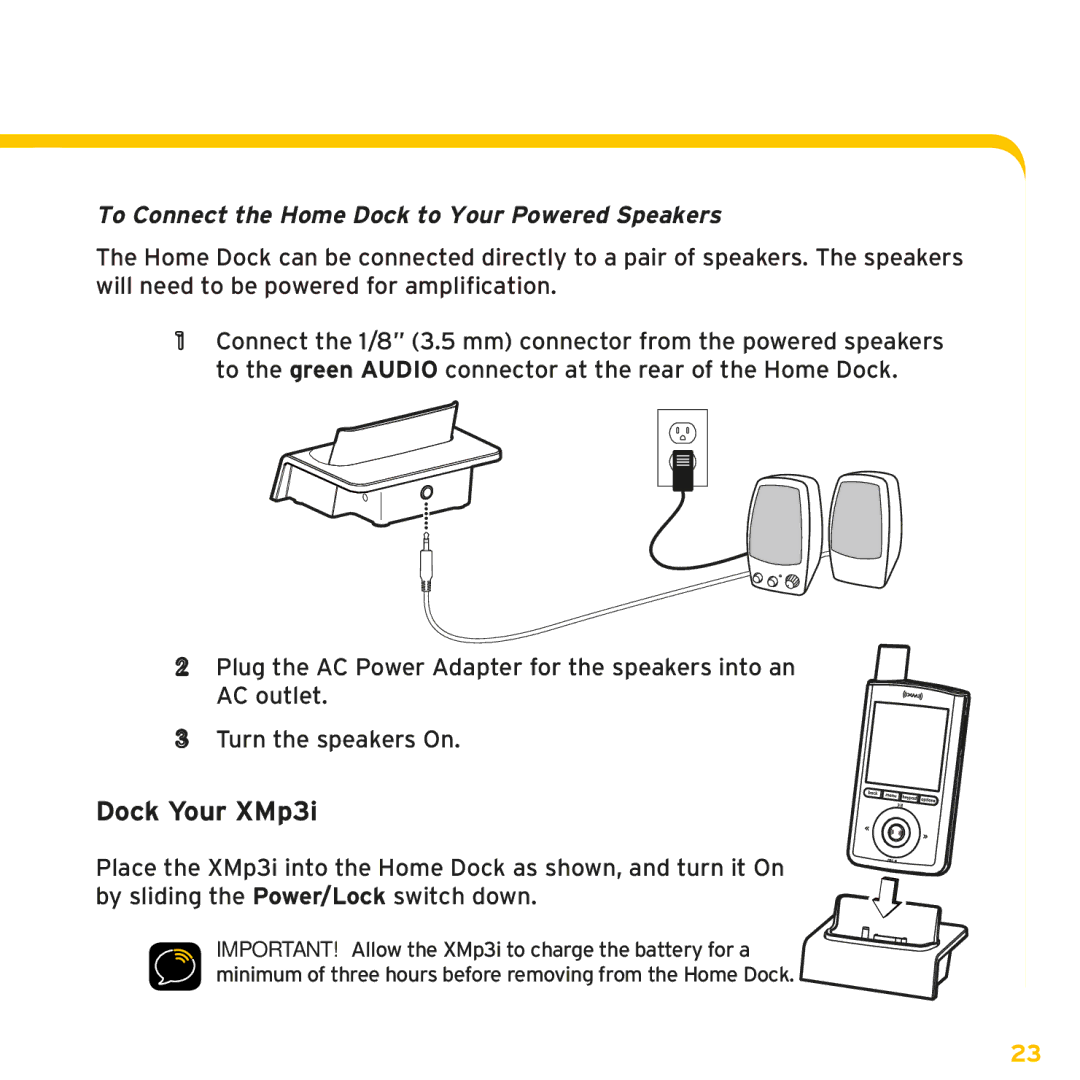 Sirius Satellite Radio manual Dock Your XMp3i, To Connect the Home Dock to Your Powered Speakers 