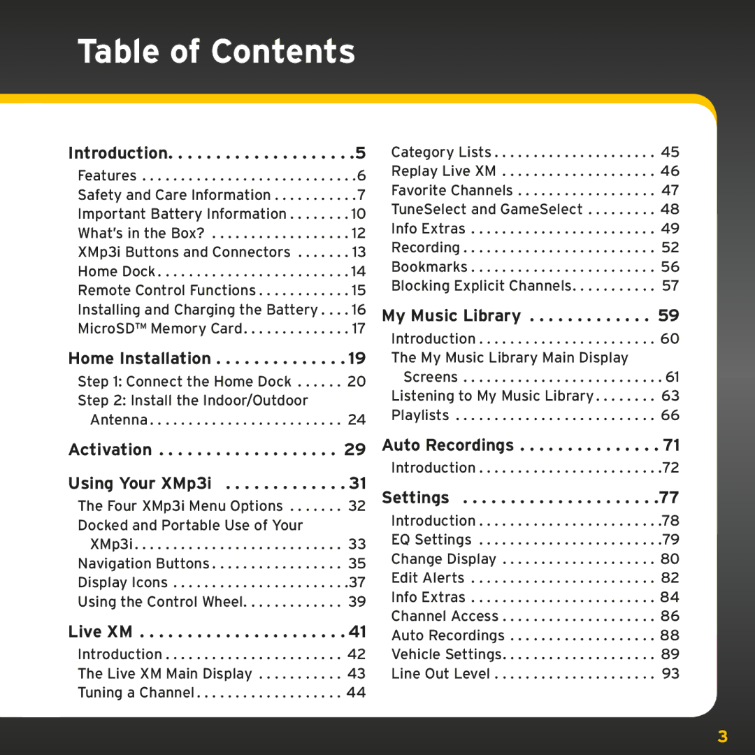 Sirius Satellite Radio XMp3i manual Table of Contents 