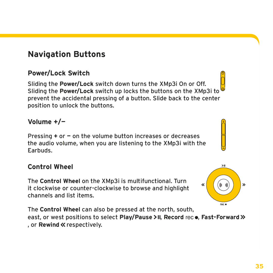 Sirius Satellite Radio XMp3i manual Navigation Buttons, Power/Lock Switch, Volume +, Control Wheel 