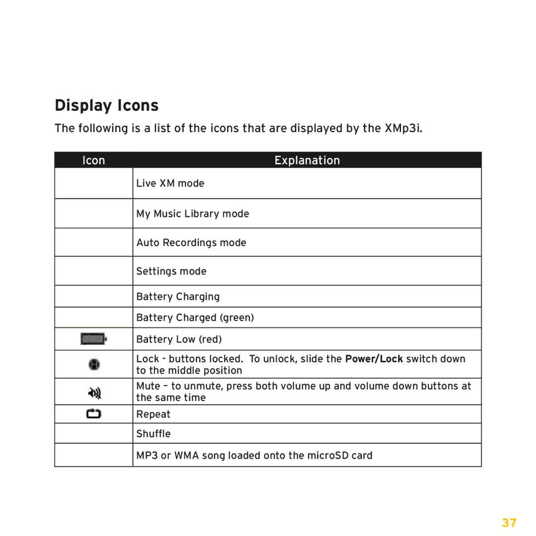 Sirius Satellite Radio XMp3i manual Display Icons, Icon Explanation 