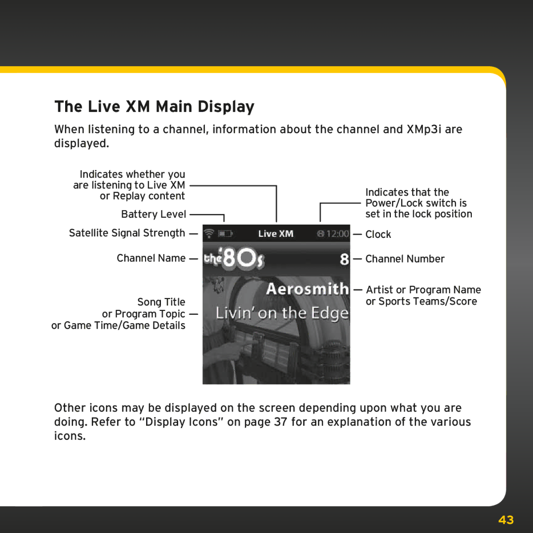 Sirius Satellite Radio XMp3i manual Live XM Main Display 