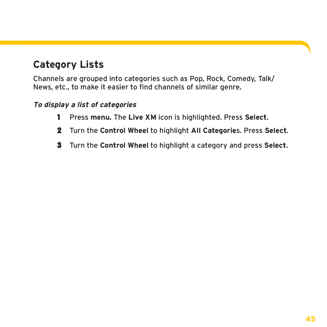 Sirius Satellite Radio XMp3i manual Category Lists, To display a list of categories 