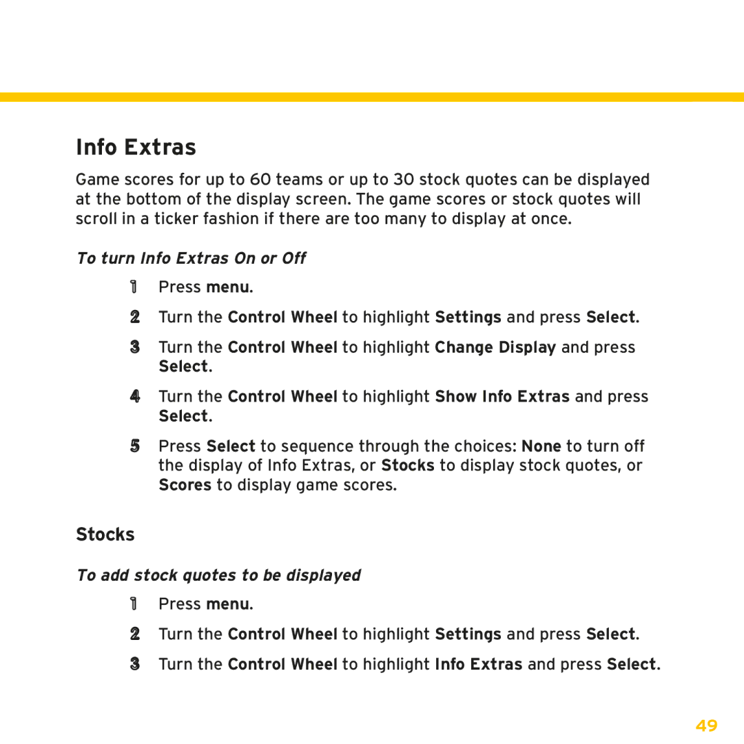 Sirius Satellite Radio XMp3i manual Stocks, To turn Info Extras On or Off, To add stock quotes to be displayed 