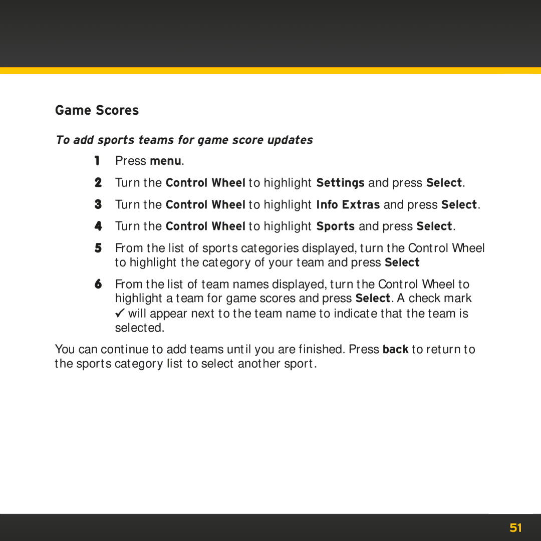 Sirius Satellite Radio XMp3i manual Game Scores, To add sports teams for game score updates 