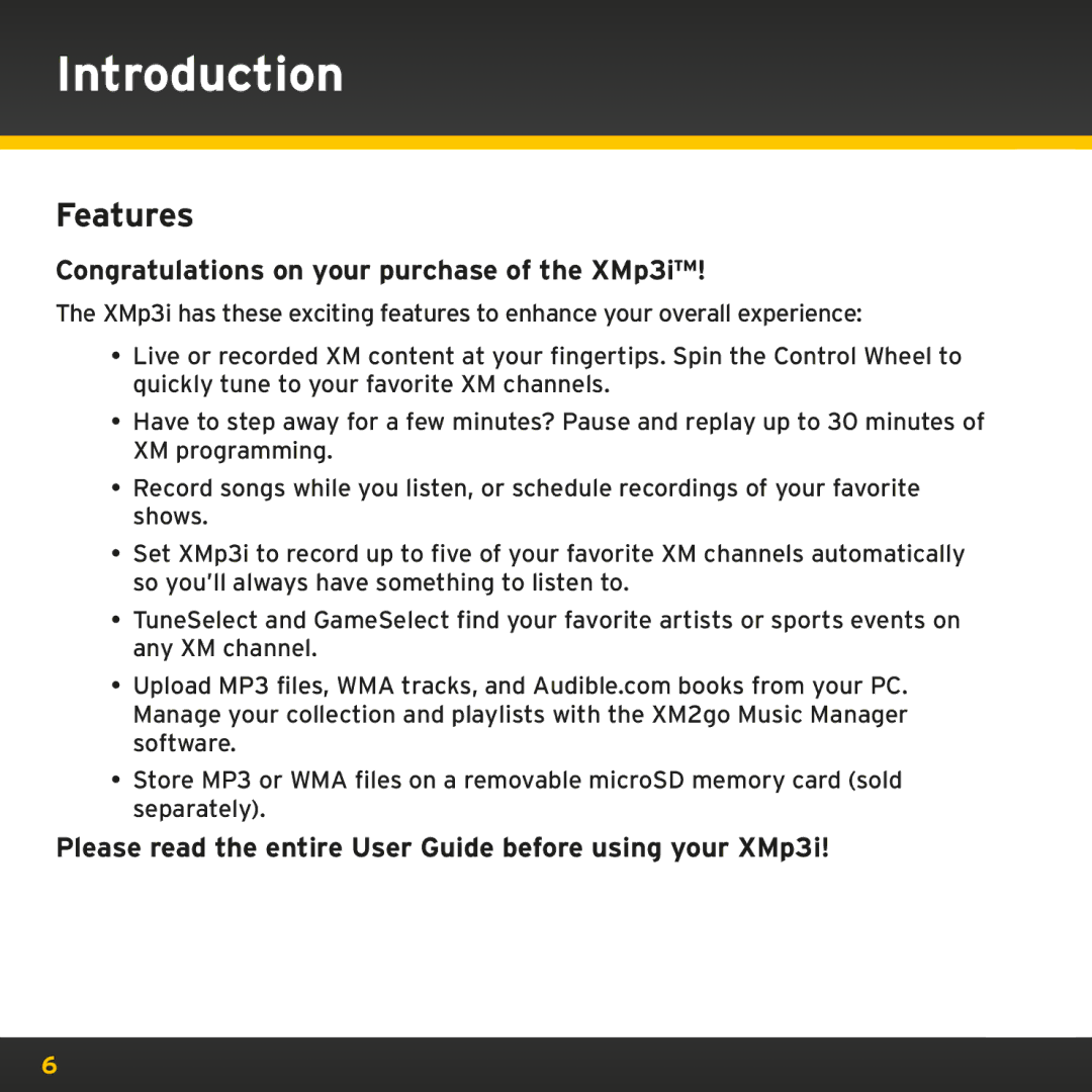 Sirius Satellite Radio manual Introduction, Features, Congratulations on your purchase of the XMp3i 