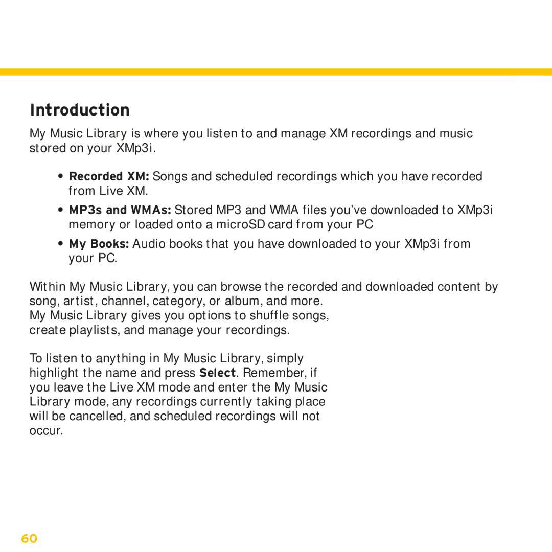 Sirius Satellite Radio XMp3i manual My Music Library, Introduction 