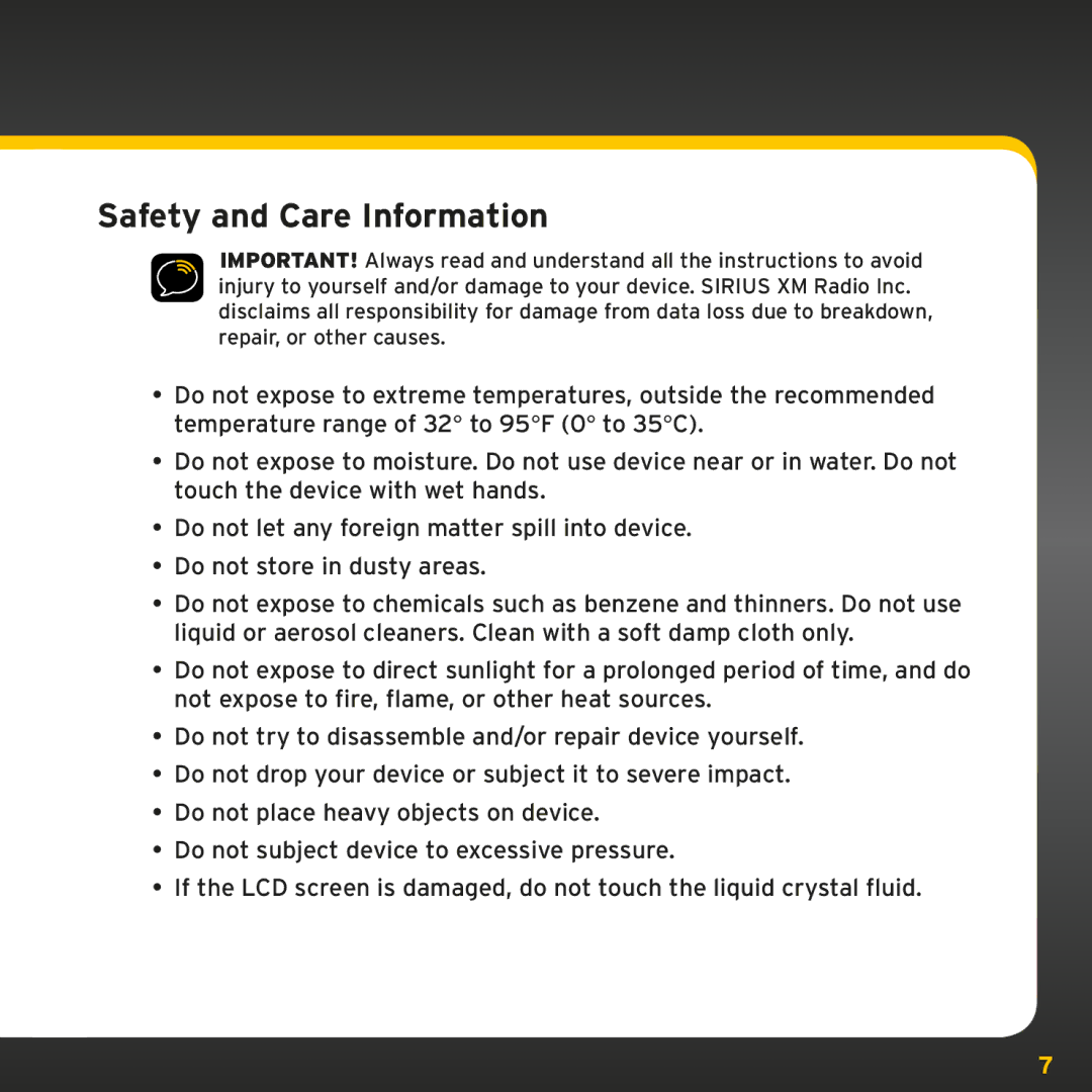 Sirius Satellite Radio XMp3i manual Safety and Care Information 