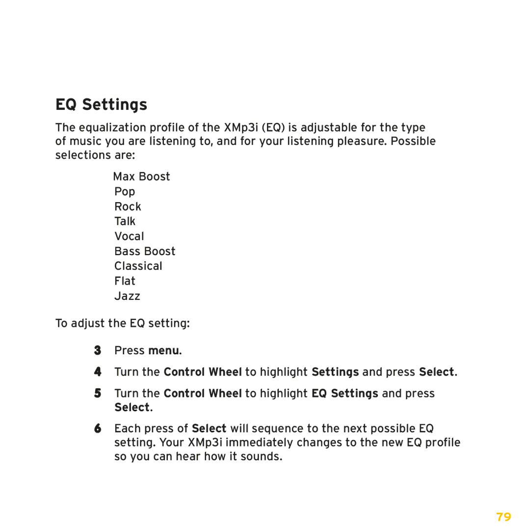 Sirius Satellite Radio XMp3i manual EQ Settings 