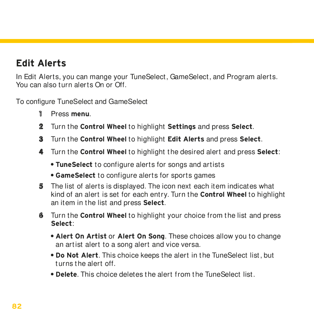 Sirius Satellite Radio XMp3i manual Edit Alerts, To configure TuneSelect and GameSelect 