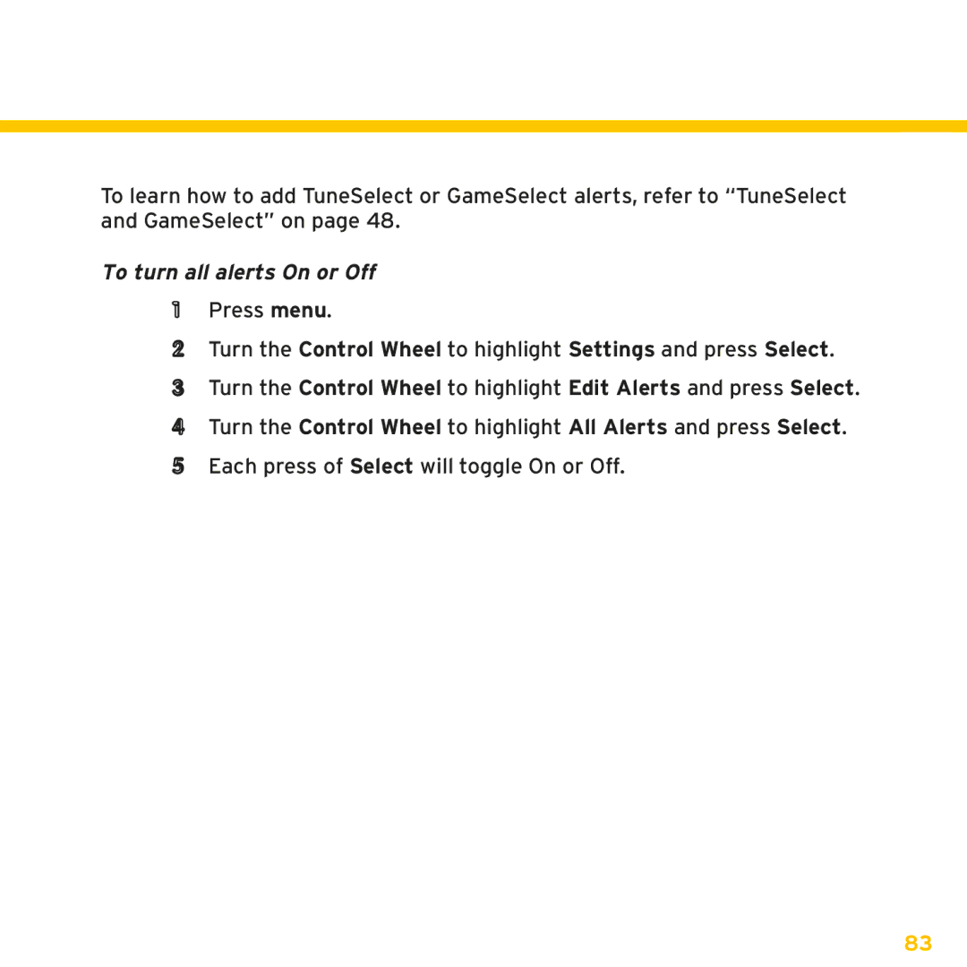 Sirius Satellite Radio XMp3i manual To turn all alerts On or Off 