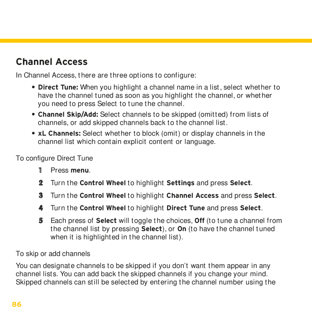 Sirius Satellite Radio XMp3i manual Channel Access, To configure Direct Tune, To skip or add channels 