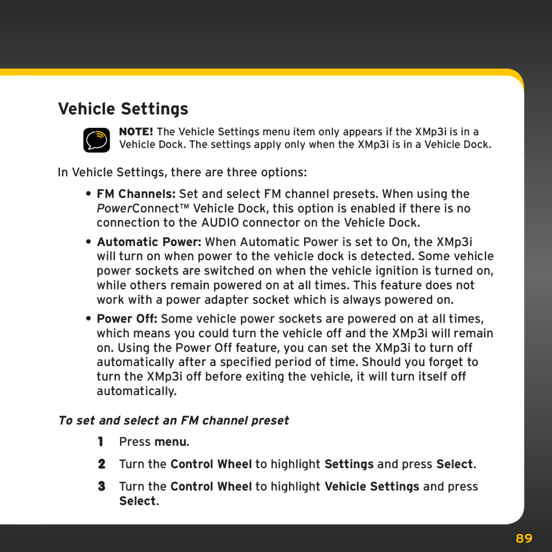 Sirius Satellite Radio XMp3i manual Vehicle Settings, To set and select an FM channel preset 