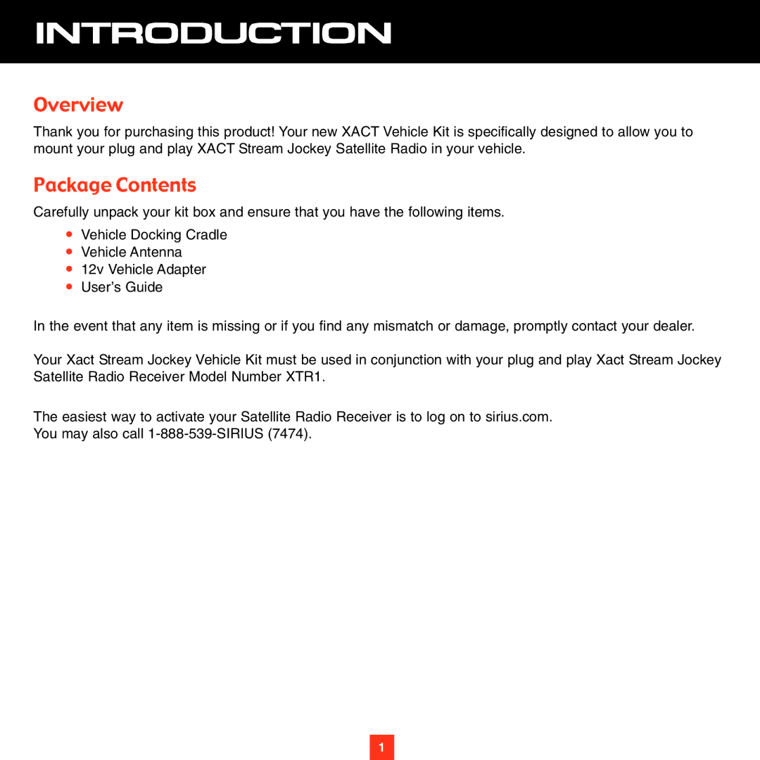 Sirius Satellite Radio XS021 instruction manual Introduction, Overview, Package Contents 