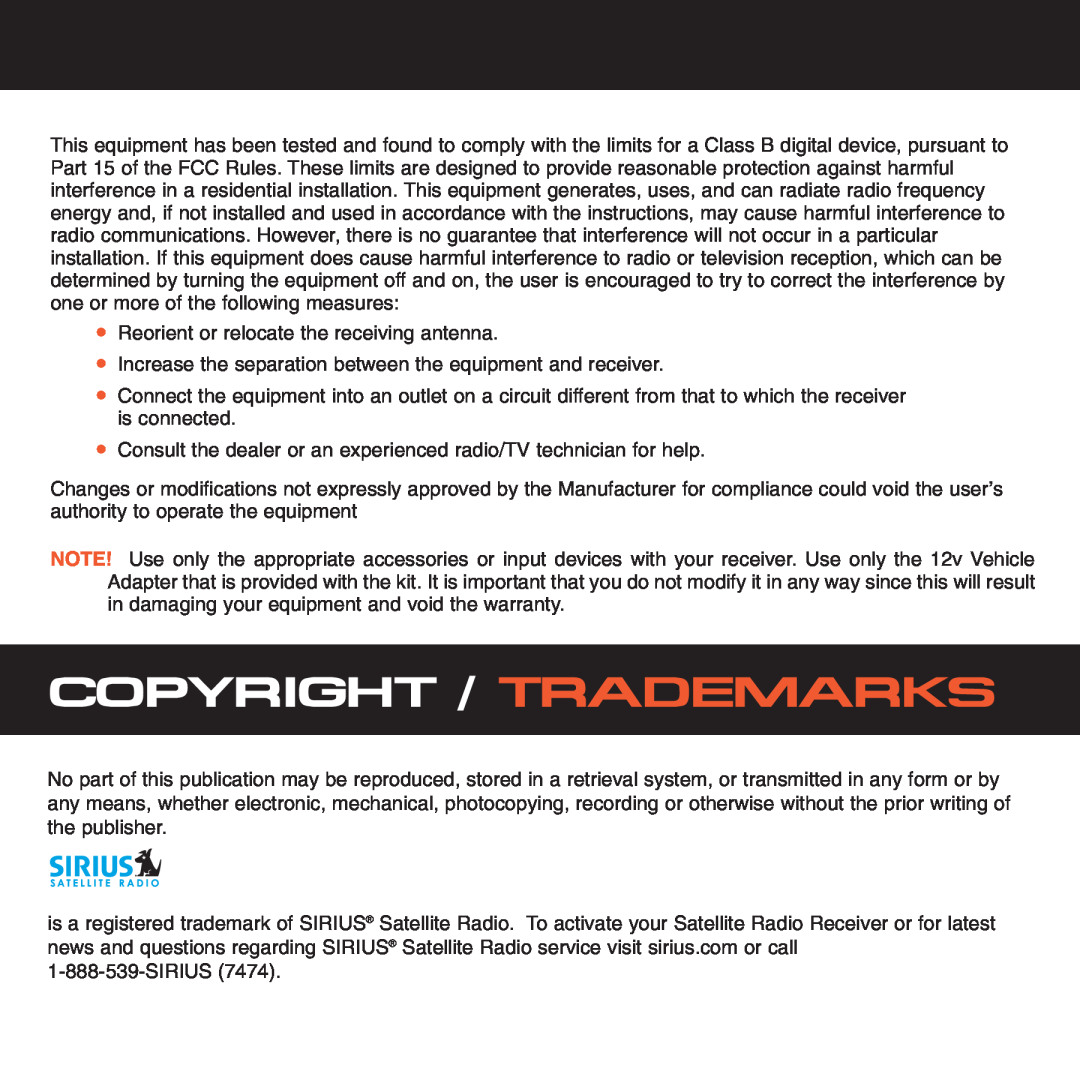 Sirius Satellite Radio XS021 instruction manual Copyright / Trademarks 