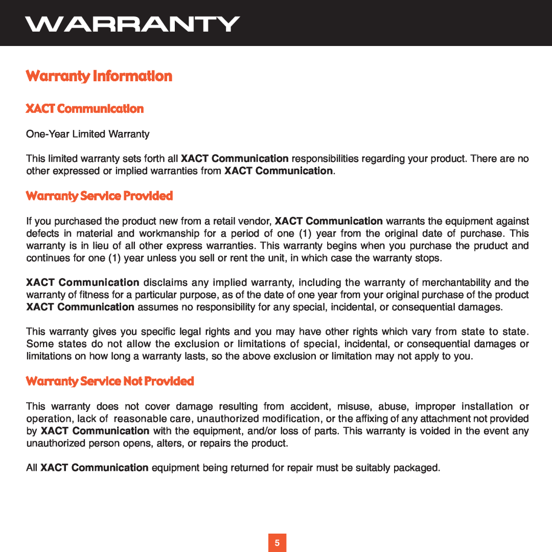 Sirius Satellite Radio XS021 instruction manual Warranty Information, XACT Communication, Warranty Service Provided 