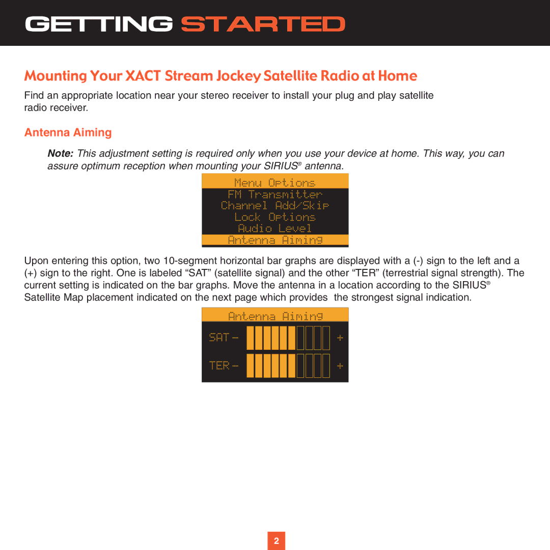 Sirius Satellite Radio XS022 instruction manual Getting Started, Mounting Your Xact Stream Jockey Satellite Radio at Home 