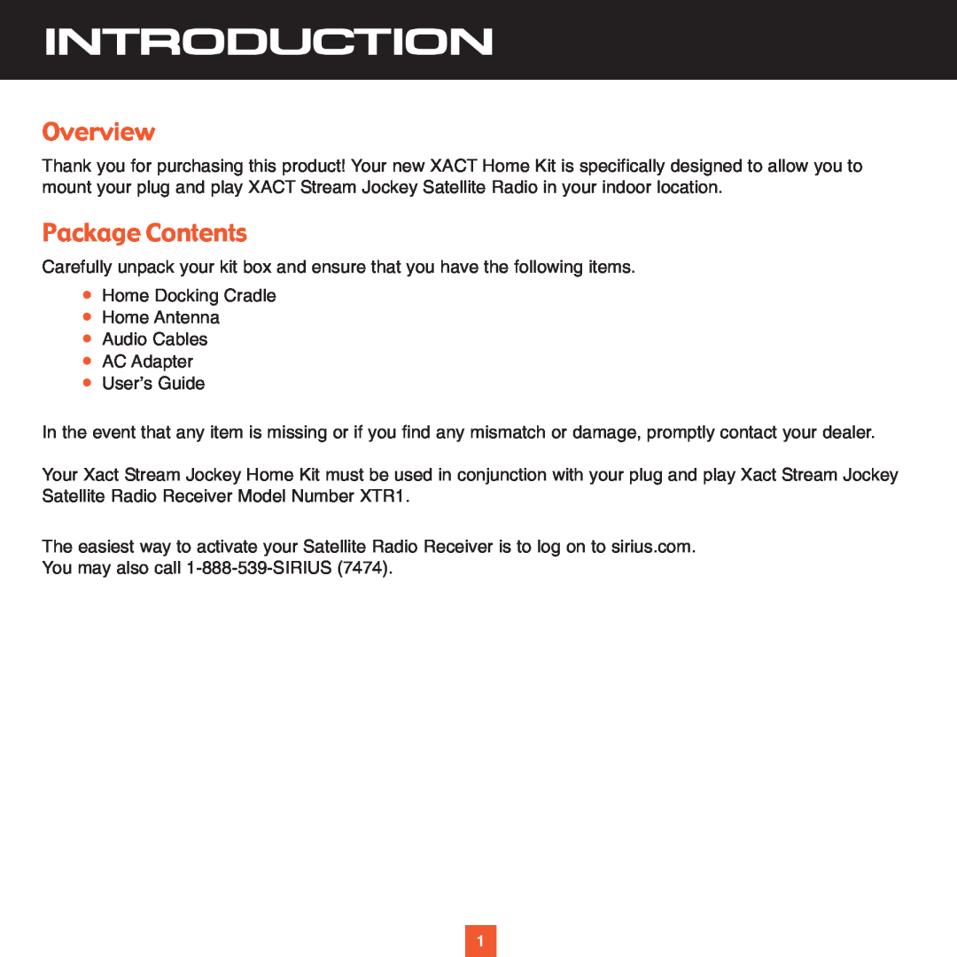 Sirius Satellite Radio XS022 instruction manual Introduction, Overview, Package Contents 